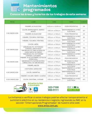 ENSA informa los mantenimientos programados del 5 al 10 de enero de 2026