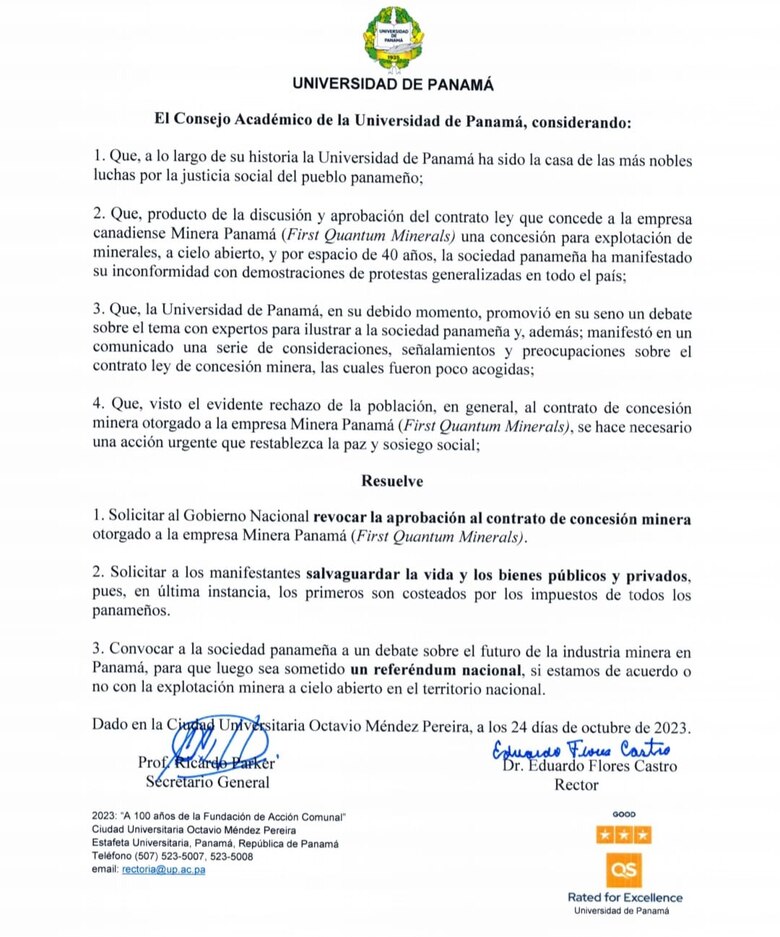 Consejo Académico de la Universidad de Panamá solicita revocatoria de contrato minero