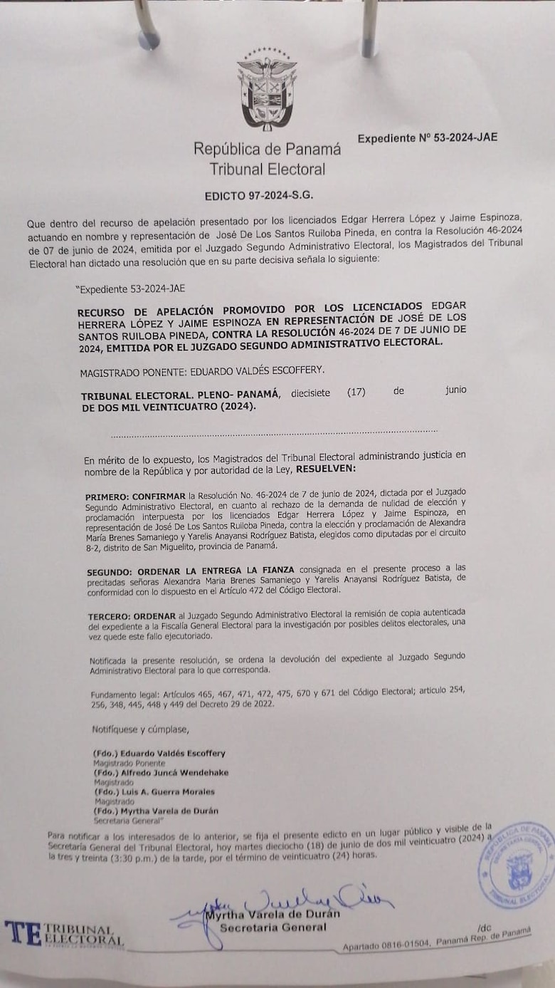Pleno del Tribunal Electoral rechaza apelación presentada por José Ruiloba Pineda