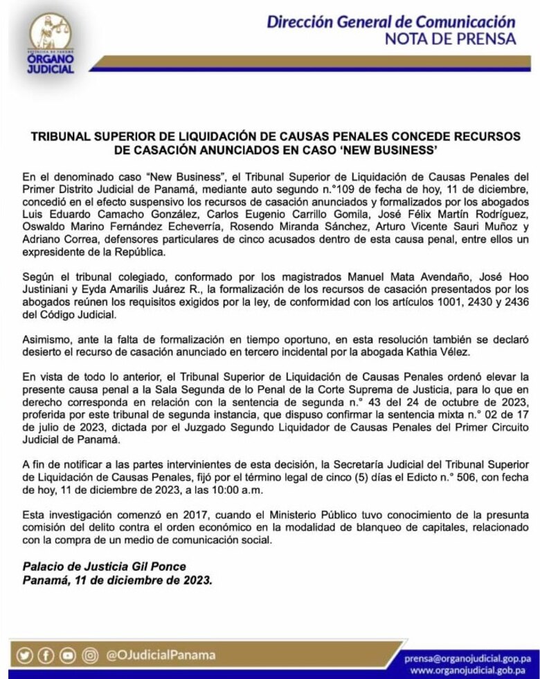 Tribunal remite a la Sala Penal de la Corte recurso de casación de Martinelli