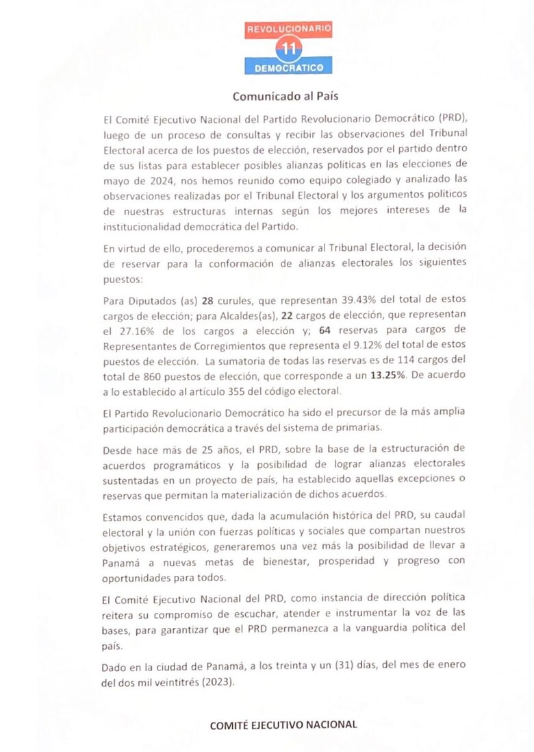 Cúpula del PRD reduce a 114 las candidaturas reservadas para las elecciones de 2024