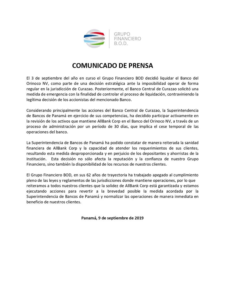 Superintendencia de Bancos ordena control sobre AllBank