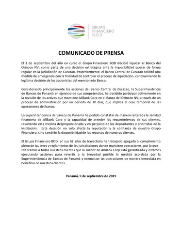 Superintendencia de Bancos ordena control sobre AllBank