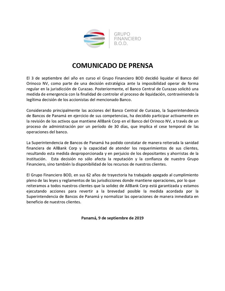 Superintendencia de Bancos ordena control sobre AllBank
