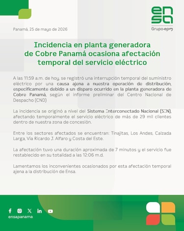 Falla eléctrica dejó sin luz ni agua a sectores de la capital y Colón; ambos servicios se restablecieron