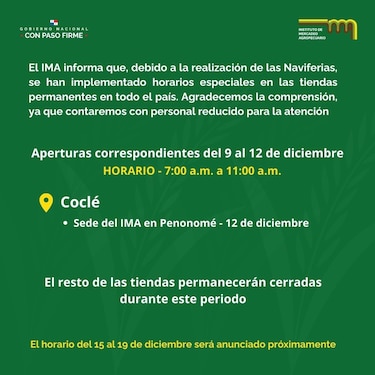 Las tiendas permanentes del IMA estarán cerradas en los próximos días