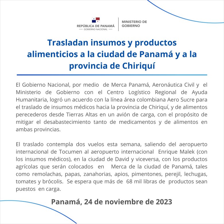 La aerolínea colombiana Aerosucre apoyará con el traslado de insumos médicos a Chiriquí