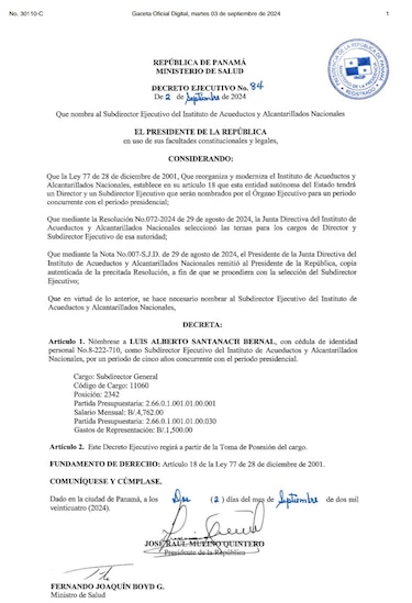 Presidente Mulino designó a Luis Santanach como subdirector del Idaan