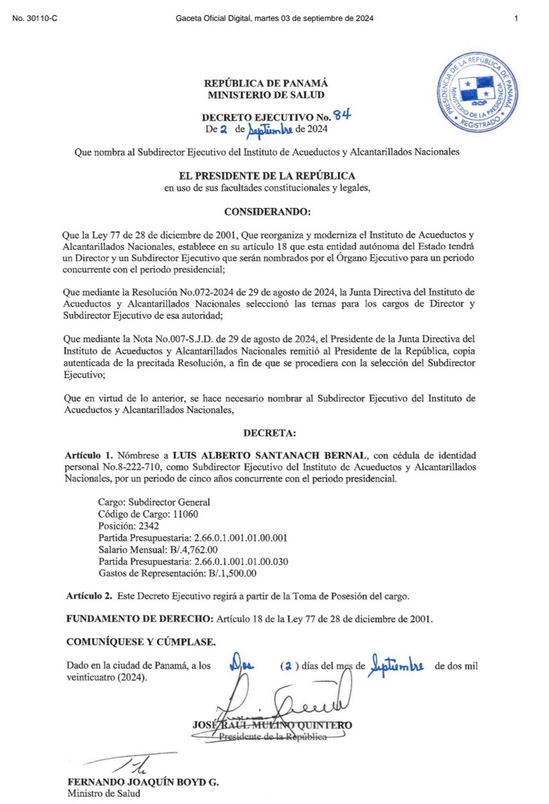 Presidente Mulino designó a Luis Santanach como subdirector del Idaan