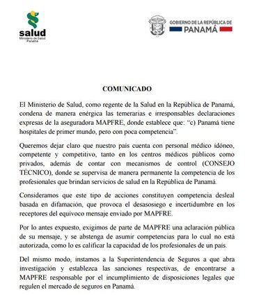Ministerio de Salud solicita investigar a Seguros Mapfre por carta dirigida a sus clientes