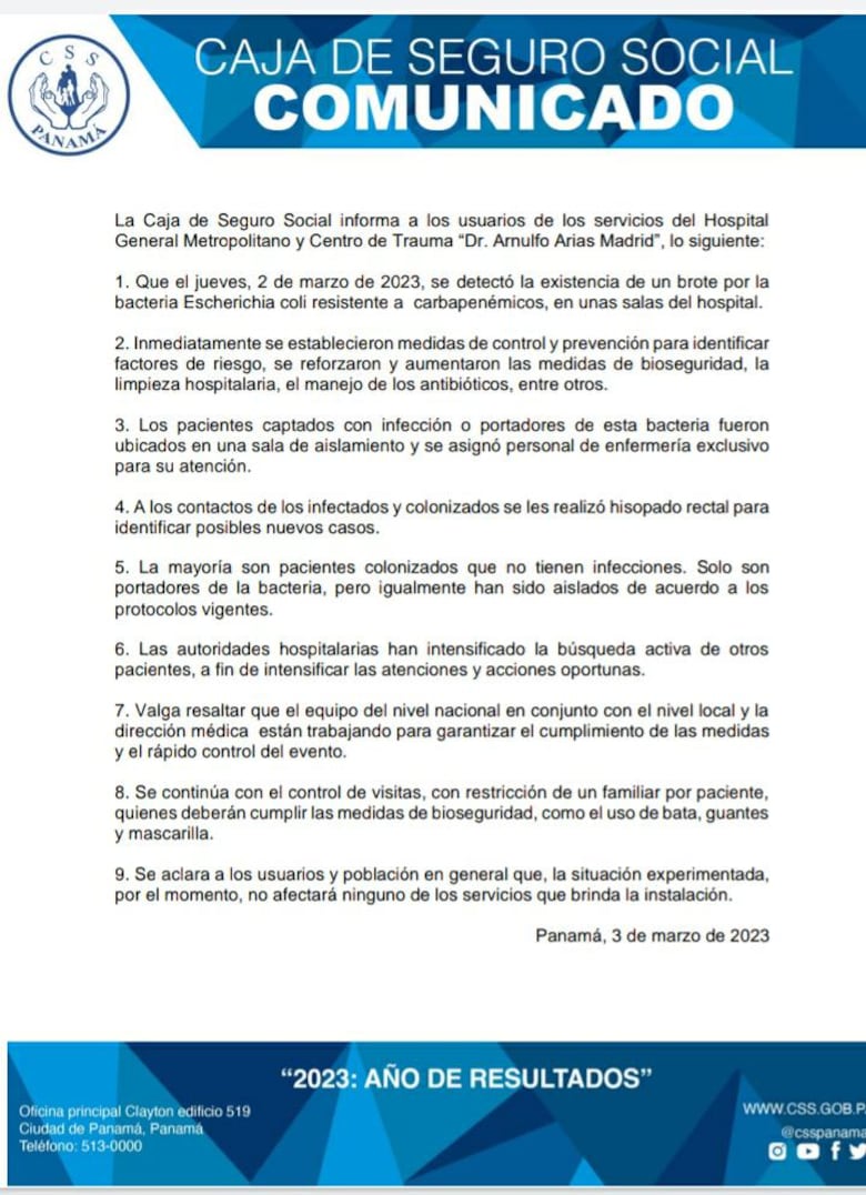 CSS detecta brote de bacteria ‘Escherichia coli’ en el Complejo Metropolitano