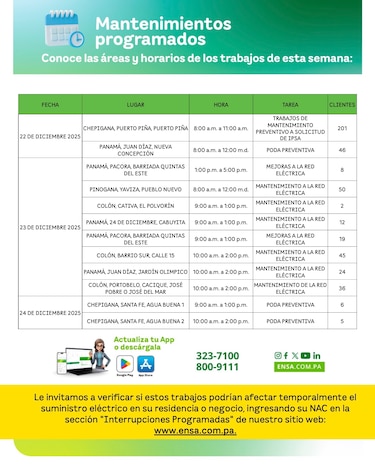 ENSA informa los mantenimientos programados del 22 al 27 de diciembre de 2025