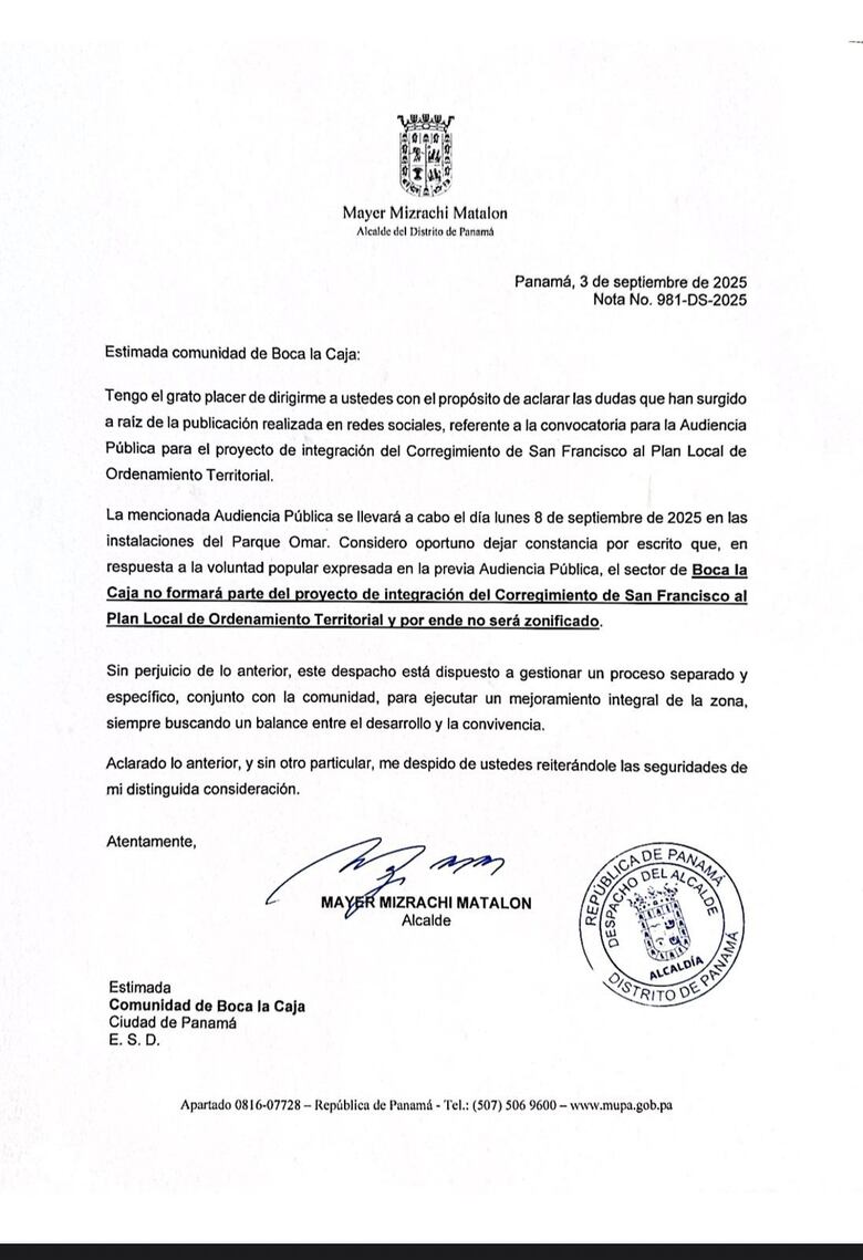 Boca La Caja queda fuera del plan de zonificación de San Francisco, confirma el alcalde Mizrachi
