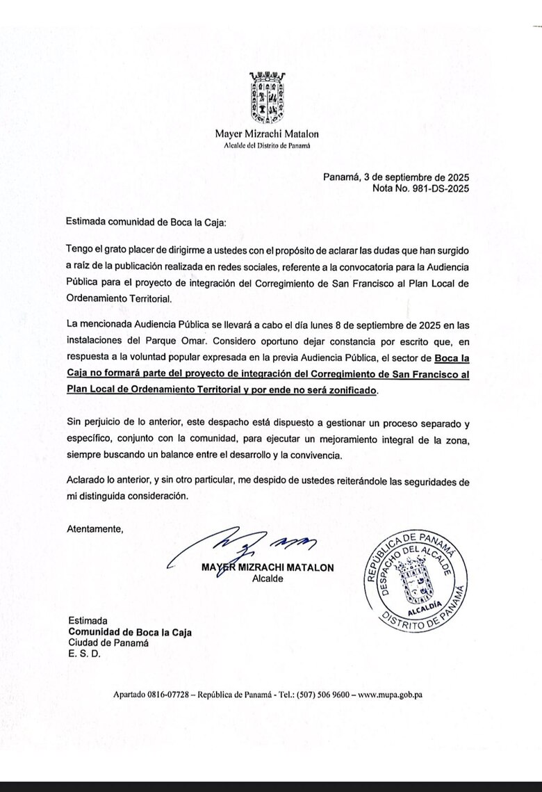 Boca La Caja queda fuera del plan de zonificación de San Francisco, confirma el alcalde Mizrachi