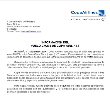 Evacúan avión de Copa Airlines en Cuba luego de que se registrara fuerte ruido y humo en la cabina