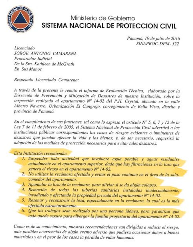 Sinaproc confirma riesgos en PH Crystal en Bella Vista