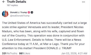 Trump dice que Nicolás Maduro y su esposa han sido capturados por Estados Unidos