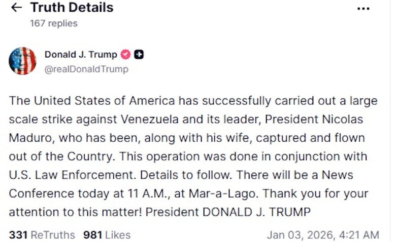 Trump dice que Nicolás Maduro y su esposa han sido capturados por Estados Unidos