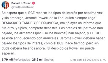 Trump pide despedir al responsable de la Reserva Federal cuyos informes son un “desastre”