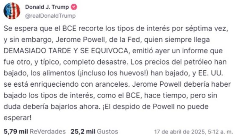 Trump pide despedir al responsable de la Reserva Federal cuyos informes son un “desastre”