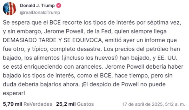 Trump pide despedir al responsable de la Reserva Federal cuyos informes son un “desastre”