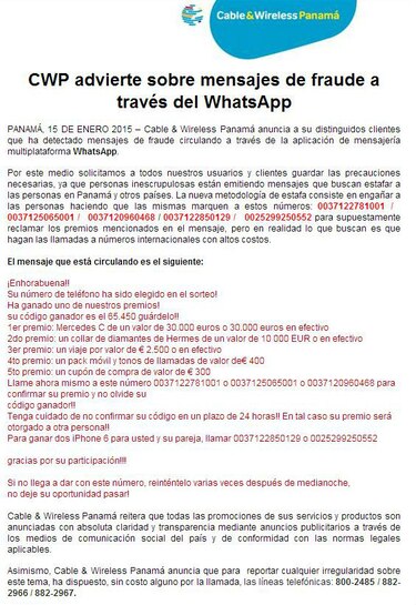 Cable & Wireless Panamá denuncia fraude a través de mensajes de Whatsapp