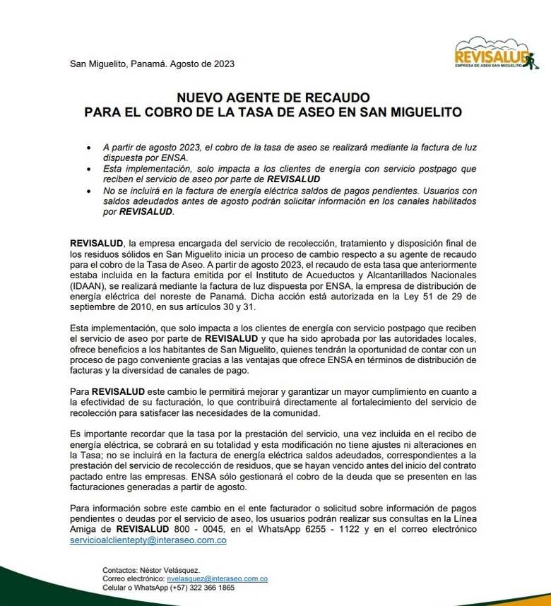 La empresa Revisalud cambia de método y cobrará la tasa de aseo en San Miguelito a través de la compañía de luz