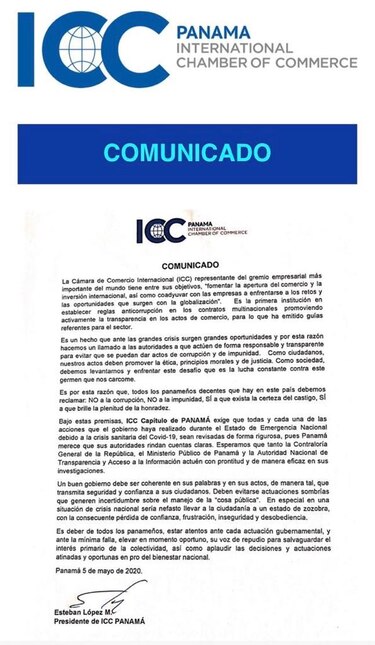 Cámara de Comercio Internacional, capítulo de Panamá, pide ‘responsabilidad y transparencia’ durante estado de emergencia