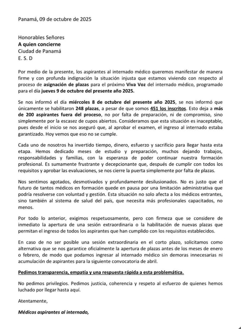 Aspirantes al internado médico denuncian exclusión de 203 plazas y piden una solución urgente
