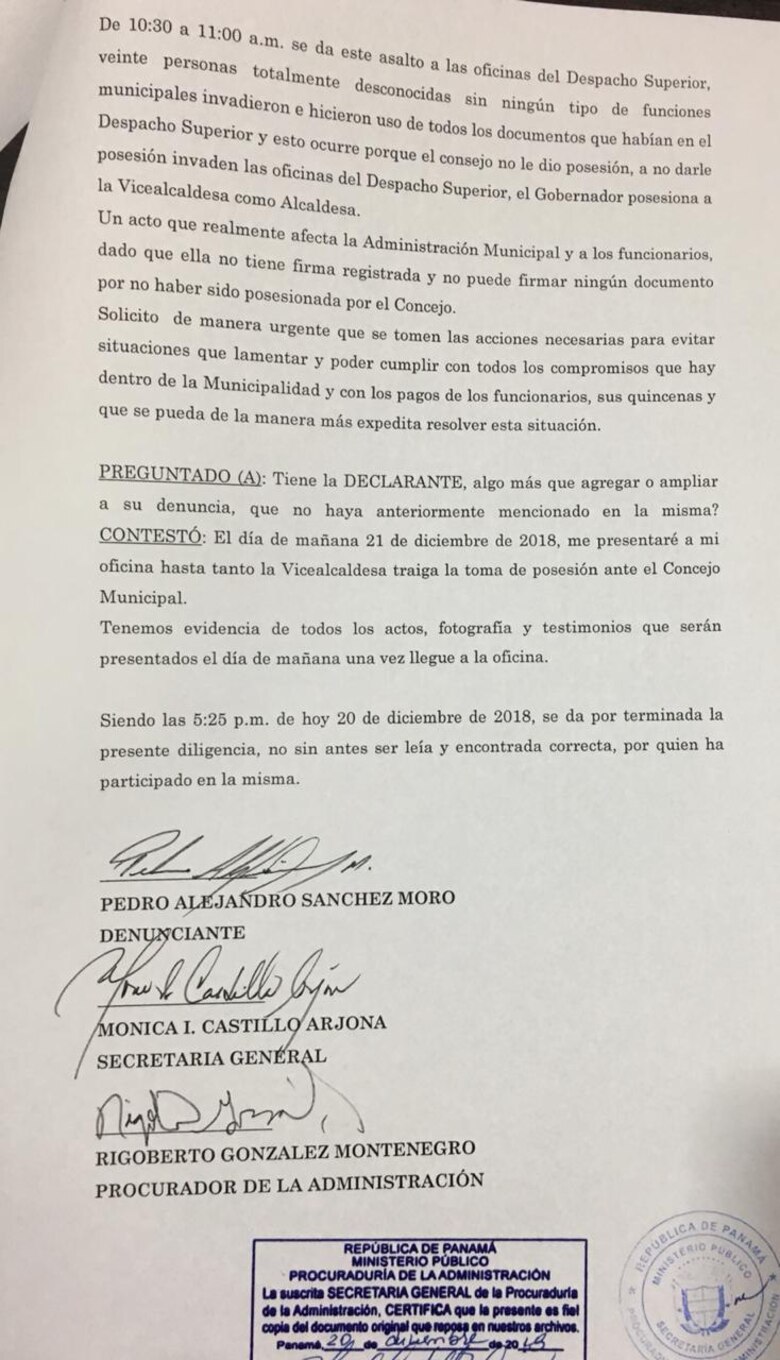 Vicealcaldesa de Arraiján asume control de municipio; alcalde Pedro Sánchez Moro es suspendido