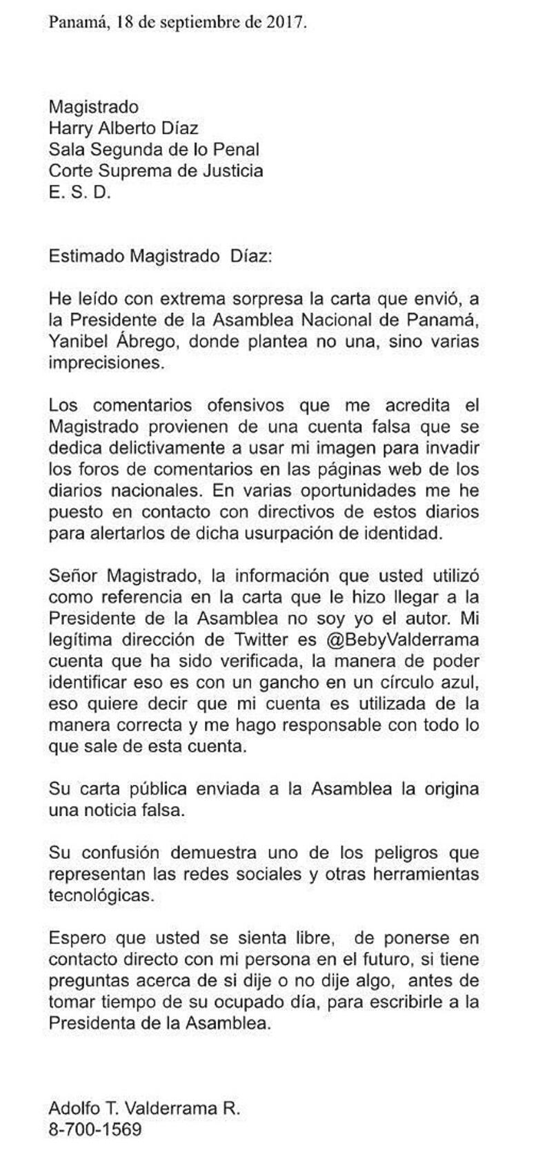 Magistrado Díaz acusa a diputado Valderrama por comentario falso en redes sociales