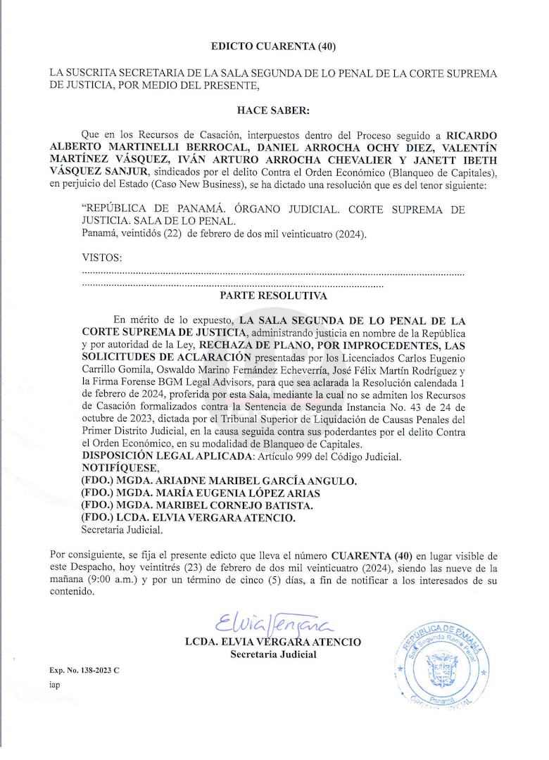 New Business ya es cosa juzgada: la Corte rechaza el pedido de ‘aclaración’ de sentencia de Martinelli