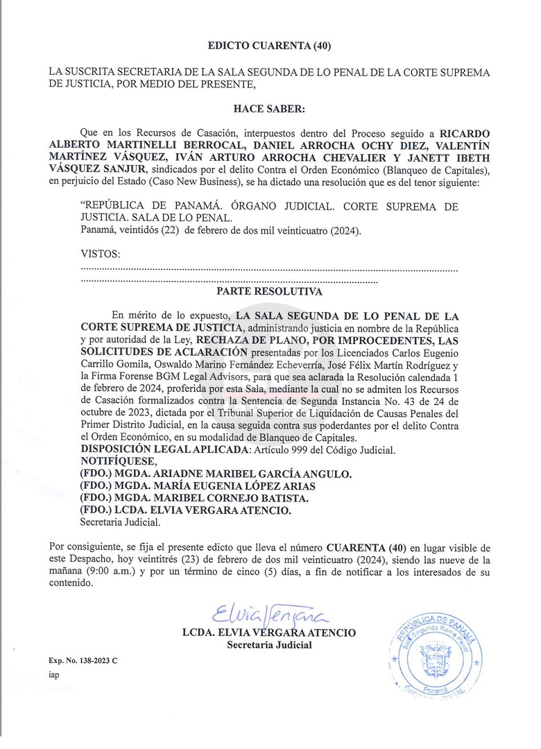 New Business ya es cosa juzgada: la Corte rechaza el pedido de ‘aclaración’ de sentencia de Martinelli