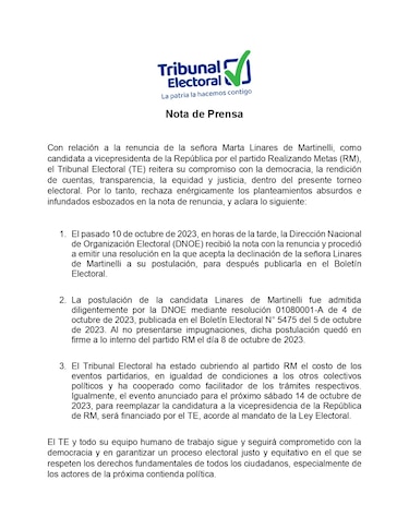 Marta de Martinelli renuncia a su candidatura; el TE rechaza las acusaciones de la exprimera dama