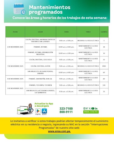 ENSA informa los mantenimientos programados del 6 al 9 de noviembre de 2025