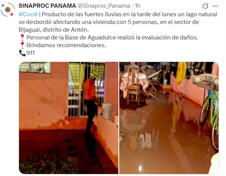27 familias afectadas por intensas lluvias que causaron inundaciones en Portobelo