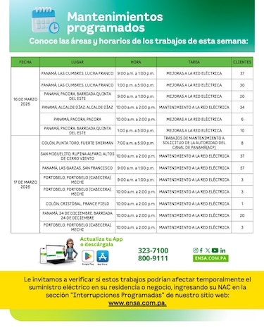 ENSA informa los mantenimientos programados del 16 al 21 de marzo de 2026