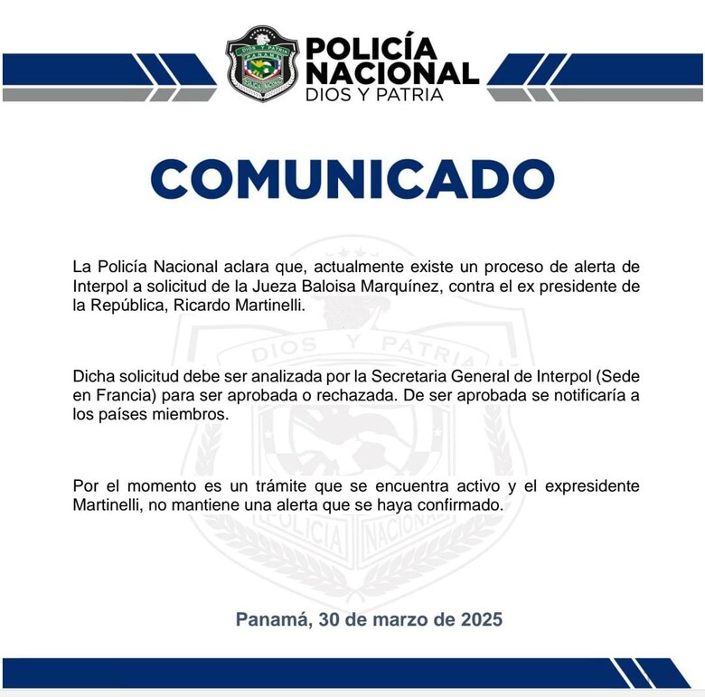 La Policía Nacional dice que rechazó trámite para incluir a Martinelli en alerta roja de Interpol