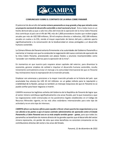 Cámara Minera: advertencia del Gobierno envía mensaje de que en Panamá ‘hay inclinaciones hacia una expropiación’