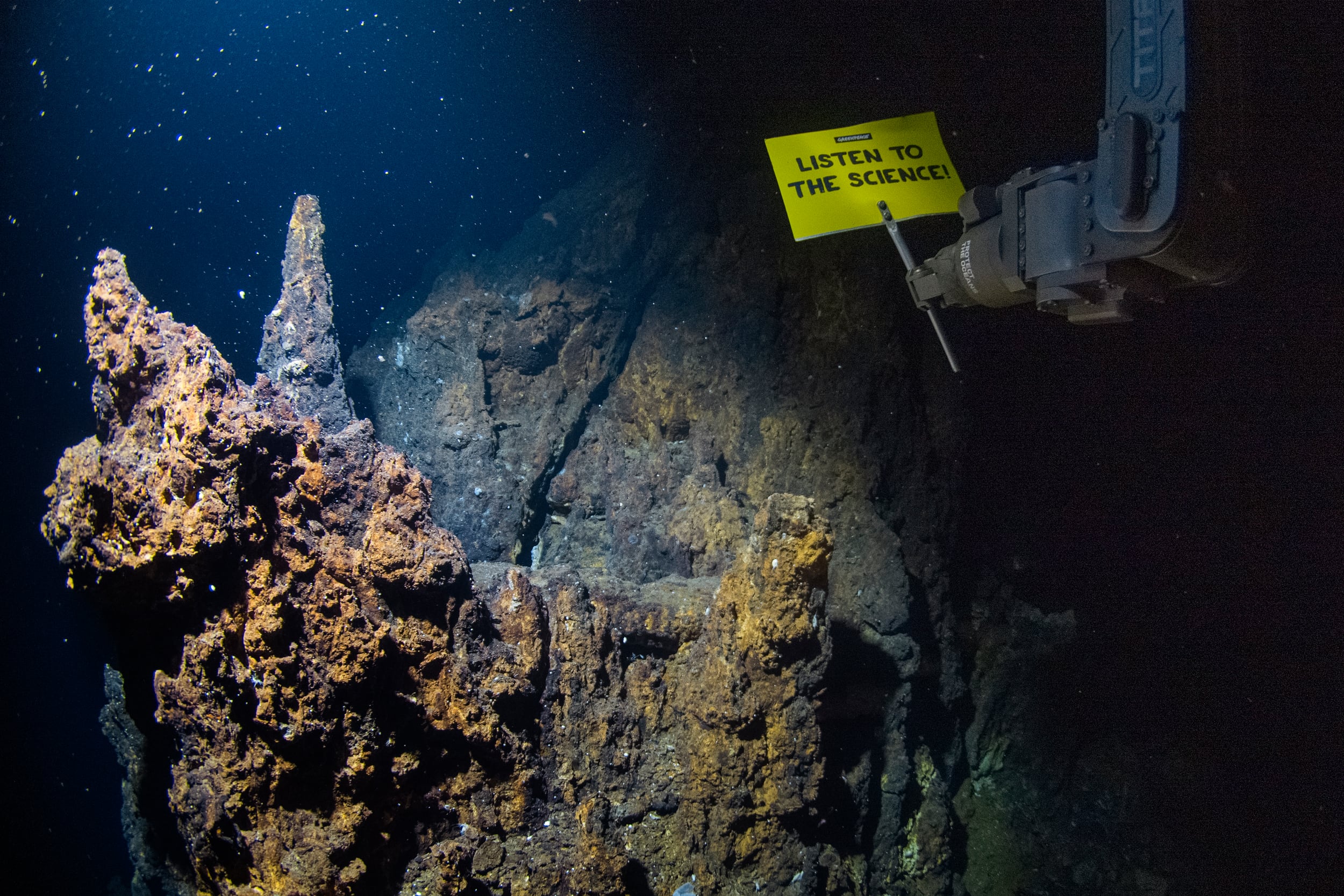 Pancarta de Greenpeace en el fondo marino pide a los gobiernos ‘escuchar a la ciencia’