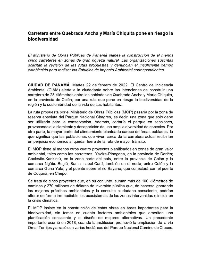 CIAM: ‘carretera entre Quebrada Ancha y María Chiquita pone en riesgo la biodiversidad’