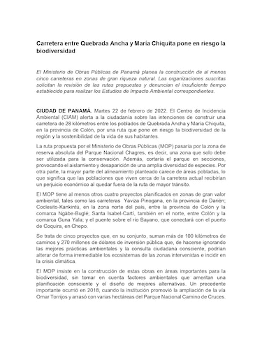 CIAM: ‘carretera entre Quebrada Ancha y María Chiquita pone en riesgo la biodiversidad’