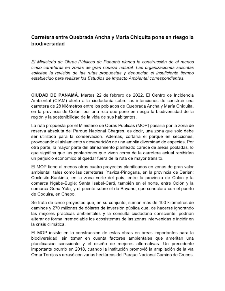 CIAM: ‘carretera entre Quebrada Ancha y María Chiquita pone en riesgo la biodiversidad’