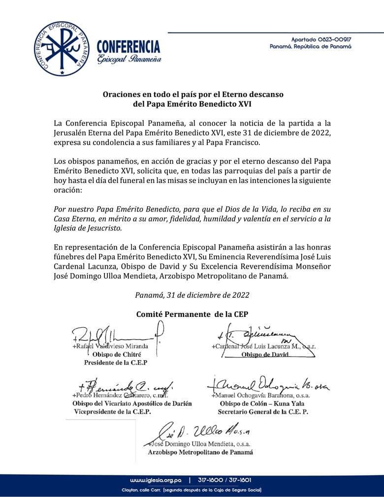 Ulloa y Lacunza representarán a la Conferencia Episcopal Panameña en el funeral de Benedicto XVI