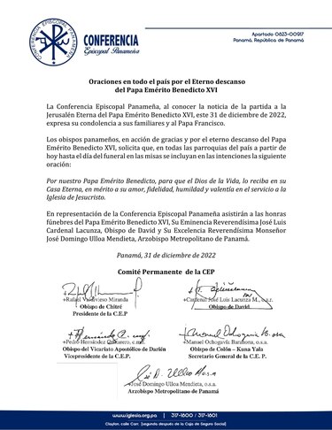 Ulloa y Lacunza representarán a la Conferencia Episcopal Panameña en el funeral de Benedicto XVI