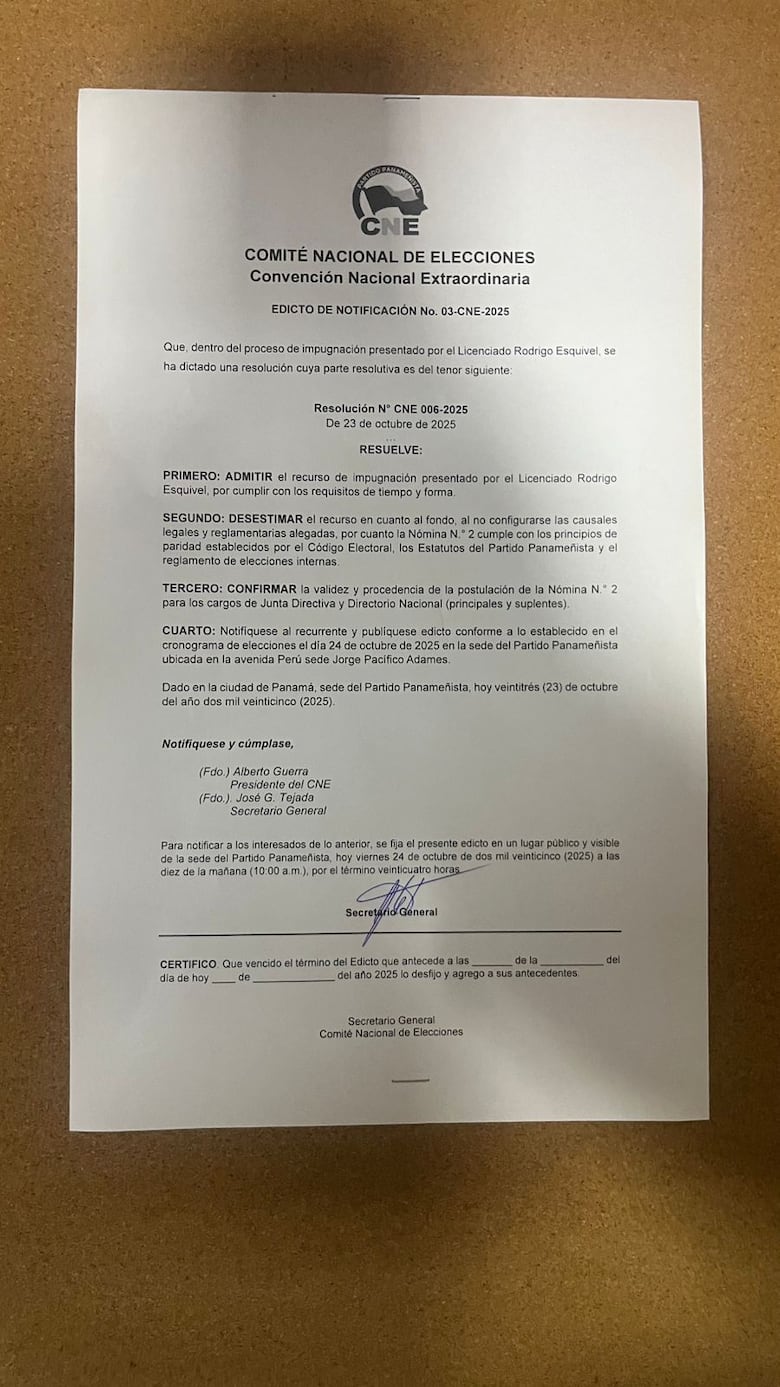 Pugna en el Partido Panameñista: Piad denuncia irregularidades, el CNE ratifica a Herrera