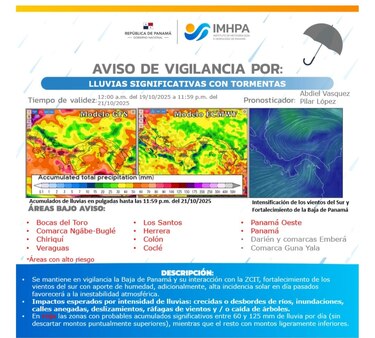 Panamá emite alerta de vigilancia por lluvias intensas y tormentas hasta el martes