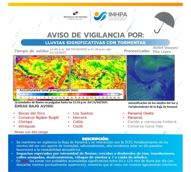 Panamá emite alerta de vigilancia por lluvias intensas y tormentas hasta el martes