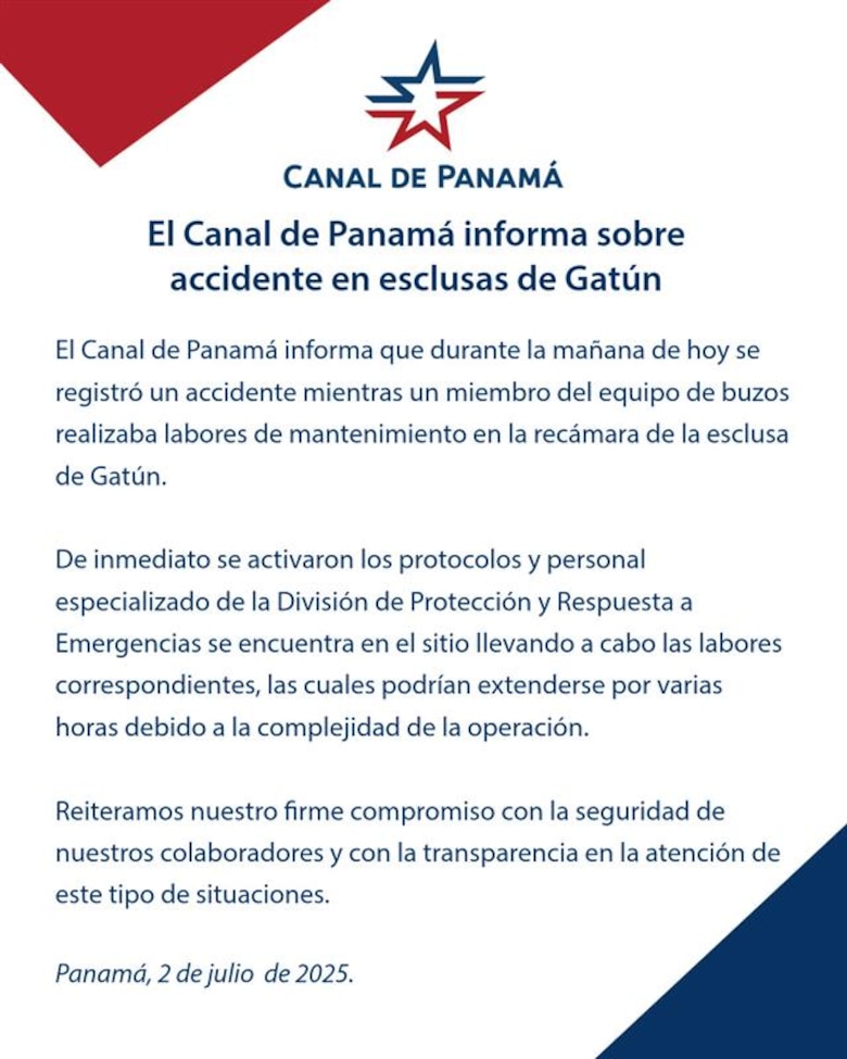 Continúan las labores de búsqueda del buzo del Canal de Panamá desaparecido en las esclusas de Gatún