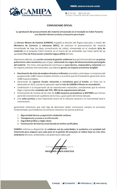 First Quantum calcula en $250 millones el costo del procesamiento del material expuesto en la mina